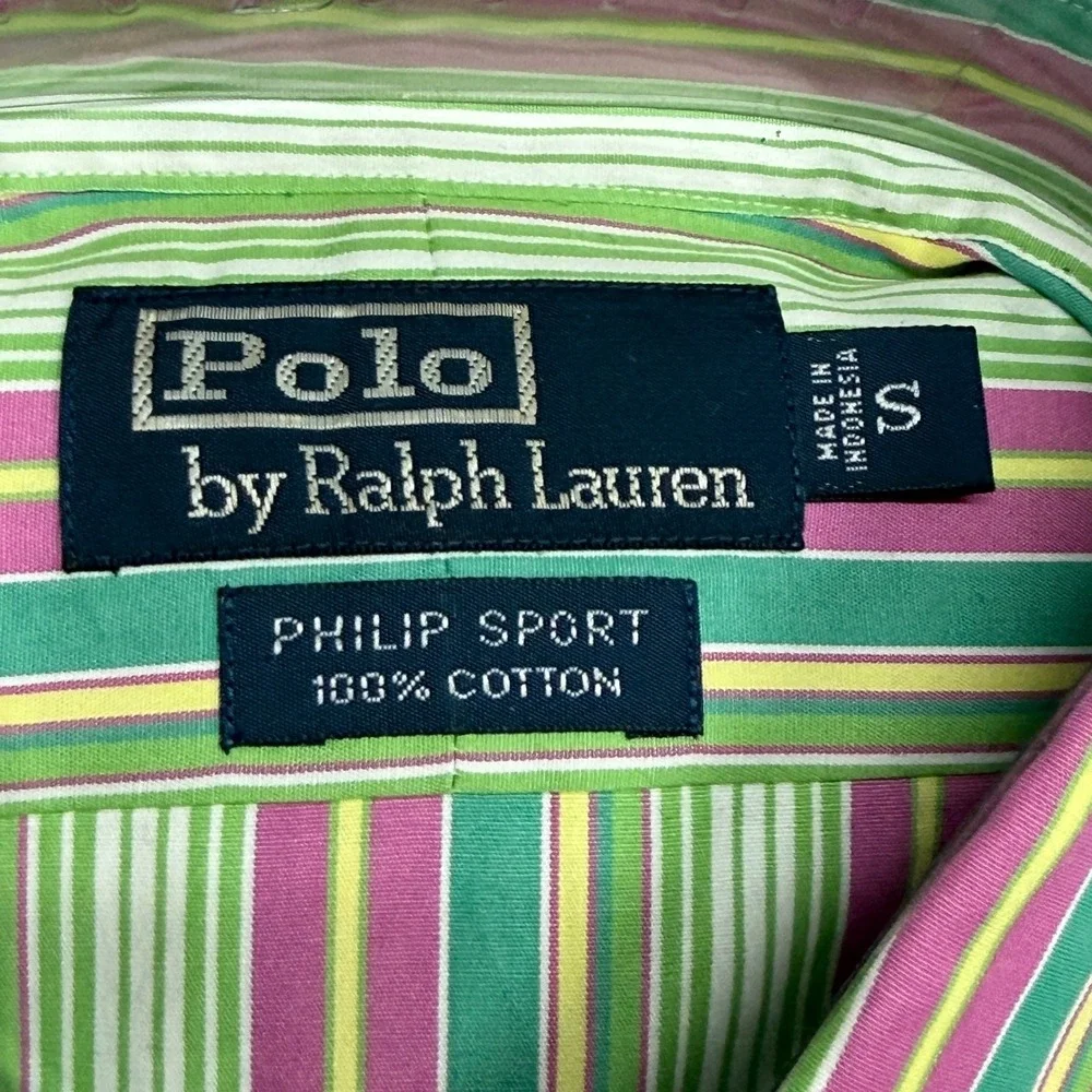 Vintage Polo Ralph Lauren Philip Sport Shirt Mens S Green Pink Vertical Striped